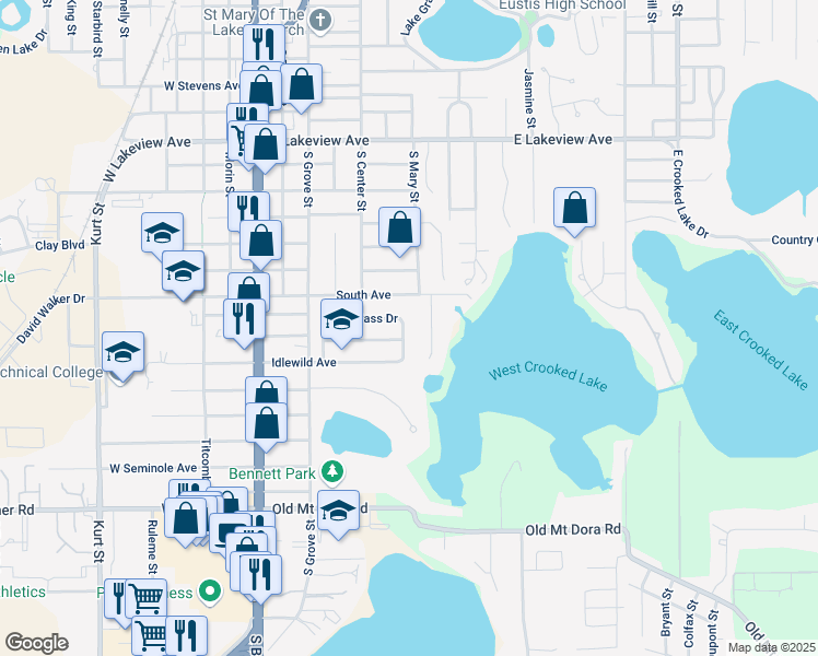 map of restaurants, bars, coffee shops, grocery stores, and more near 555 Bluff Pass Drive in Eustis