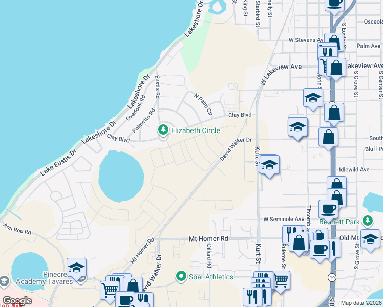map of restaurants, bars, coffee shops, grocery stores, and more near 1211 North Crest Circle in Eustis