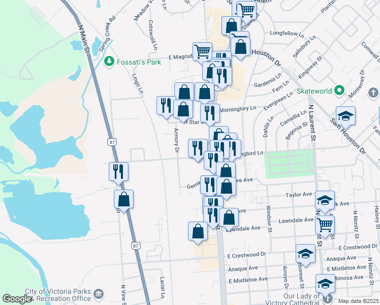 map of restaurants, bars, coffee shops, grocery stores, and more near 302 East Mockingbird Lane in Victoria