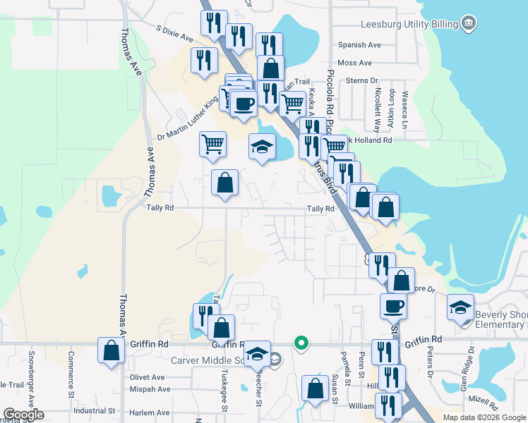map of restaurants, bars, coffee shops, grocery stores, and more near 2130 Tally Road in Leesburg
