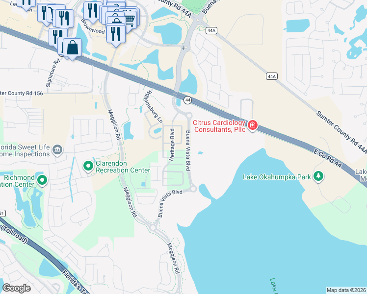 map of restaurants, bars, coffee shops, grocery stores, and more near 5293 Heritage Boulevard in Wildwood