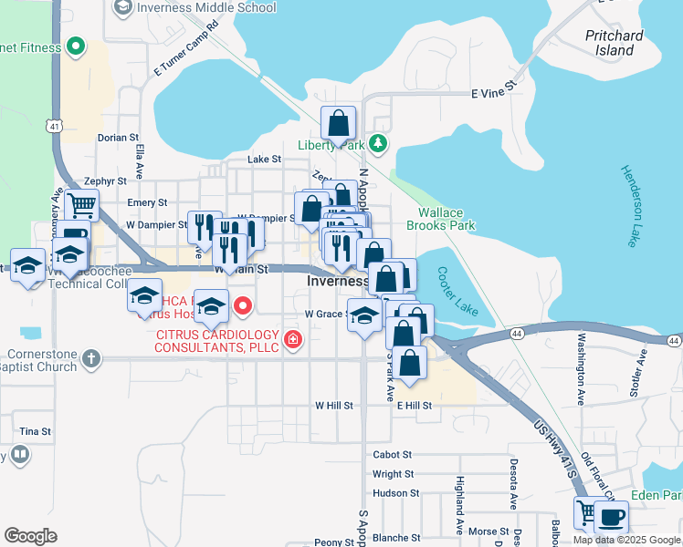 map of restaurants, bars, coffee shops, grocery stores, and more near 111 West Main Street in Inverness
