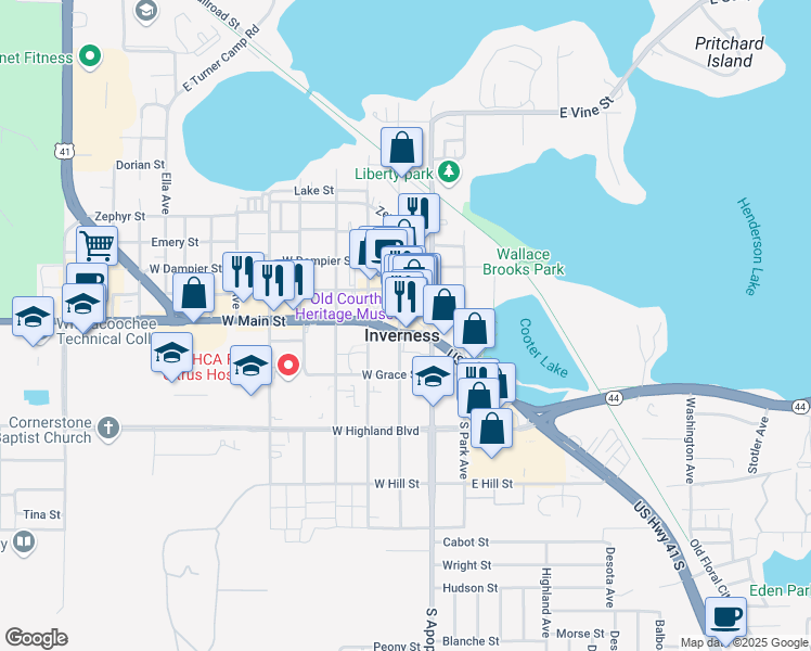 map of restaurants, bars, coffee shops, grocery stores, and more near 111 West Main Street in Inverness