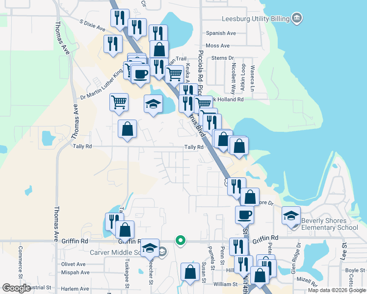 map of restaurants, bars, coffee shops, grocery stores, and more near 1948 Tally Road in Leesburg