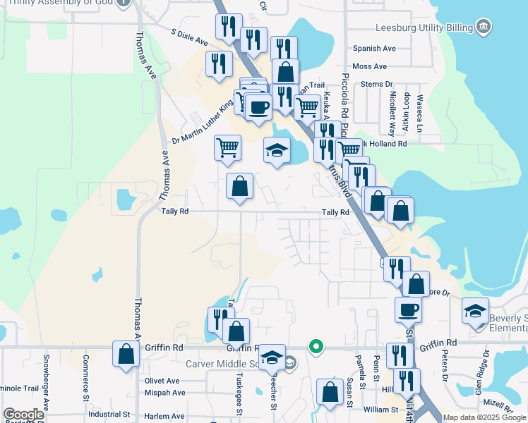 map of restaurants, bars, coffee shops, grocery stores, and more near 2132 Tally Road in Leesburg