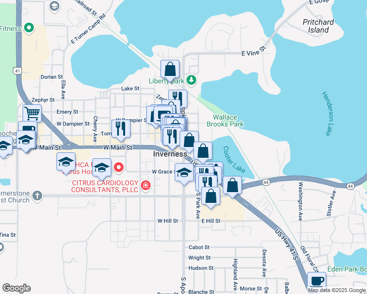map of restaurants, bars, coffee shops, grocery stores, and more near 1 Courthouse Square in Inverness