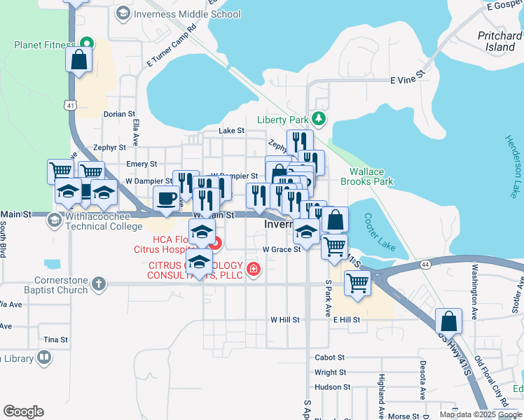 map of restaurants, bars, coffee shops, grocery stores, and more near 300 East Gulf to Lake Highway in Inverness