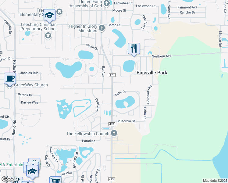 map of restaurants, bars, coffee shops, grocery stores, and more near 33420 County Road 473 in Leesburg