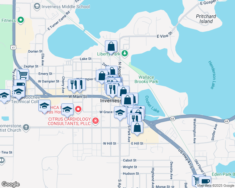 map of restaurants, bars, coffee shops, grocery stores, and more near Courthouse Square in Inverness