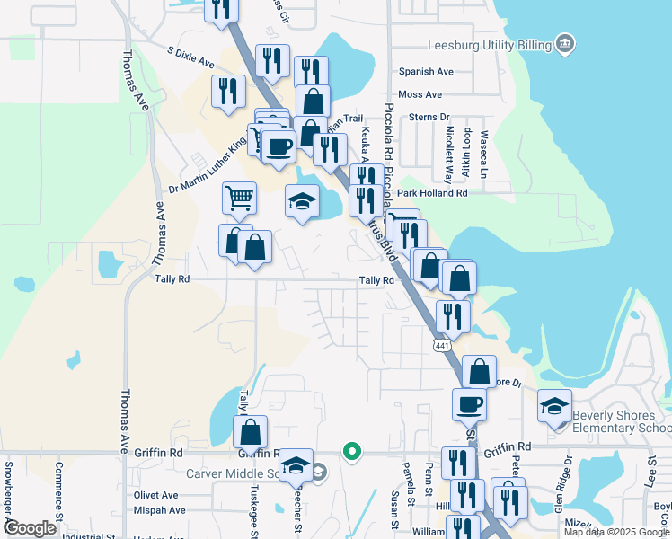 map of restaurants, bars, coffee shops, grocery stores, and more near 2016 Tally Road in Leesburg