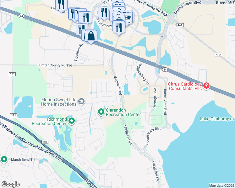 map of restaurants, bars, coffee shops, grocery stores, and more near 5651 Northeast 48th Drive in Wildwood