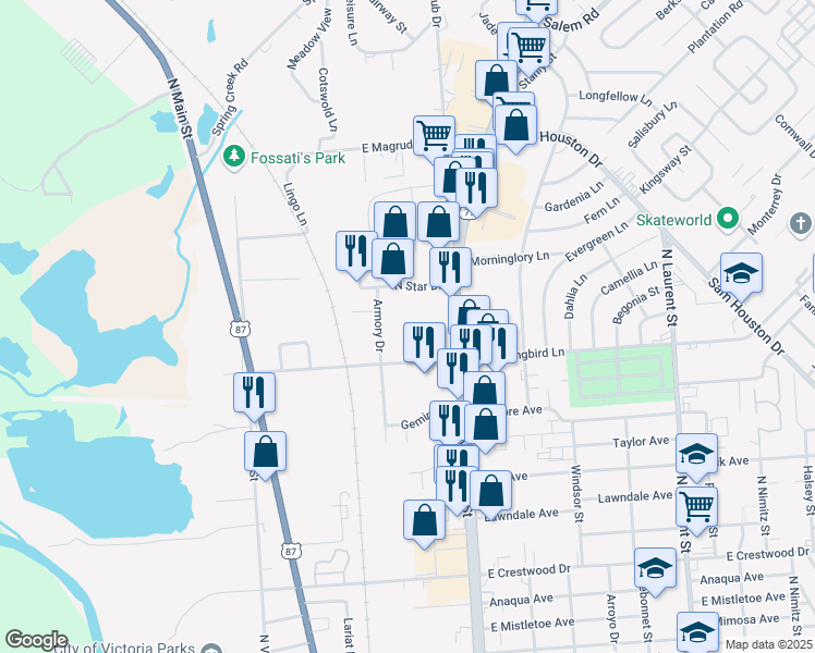map of restaurants, bars, coffee shops, grocery stores, and more near 302 East Mockingbird Lane in Victoria
