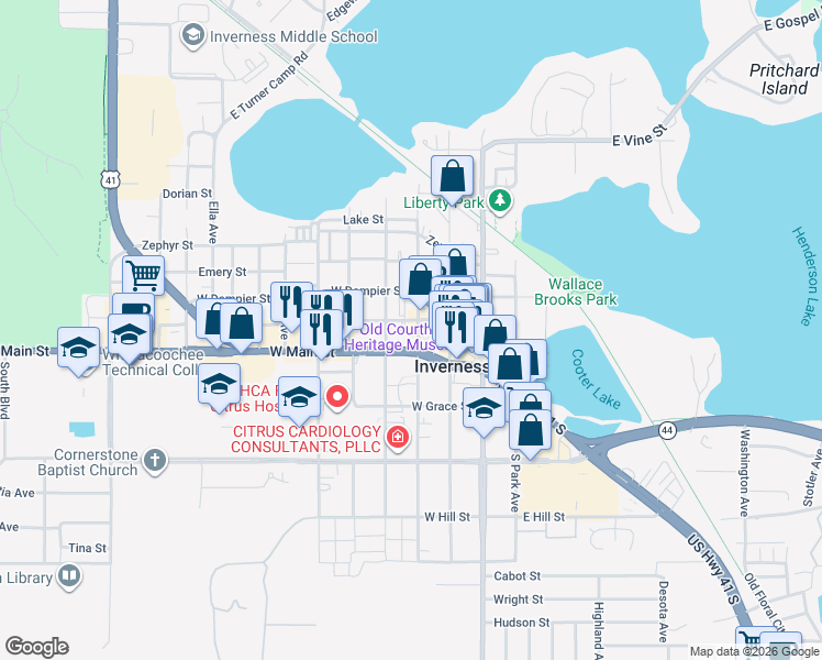 map of restaurants, bars, coffee shops, grocery stores, and more near 300-398 E Gulf to Lake Hwy in Inverness