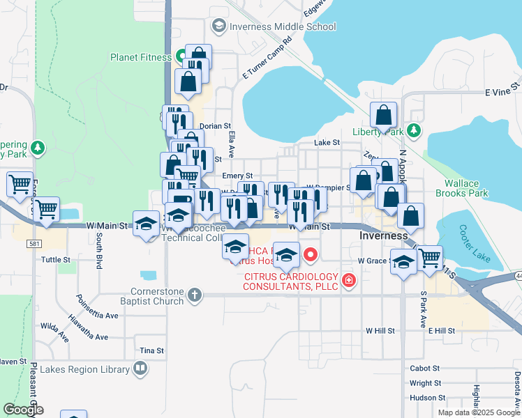 map of restaurants, bars, coffee shops, grocery stores, and more near 116 North Trout Avenue in Inverness