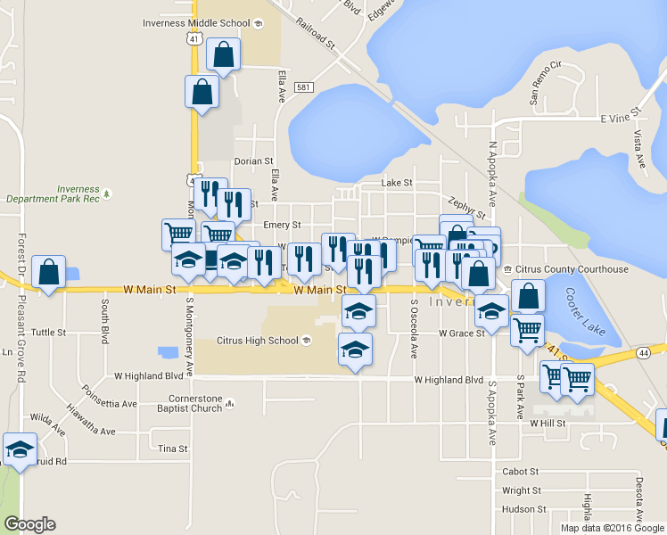 map of restaurants, bars, coffee shops, grocery stores, and more near 124 Cherry Avenue in Inverness