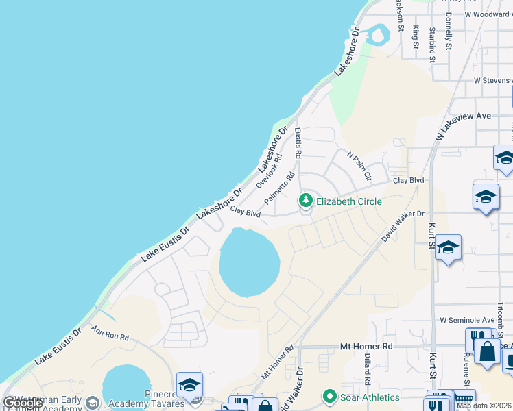 map of restaurants, bars, coffee shops, grocery stores, and more near 1637 Lakeshore Drive in Eustis
