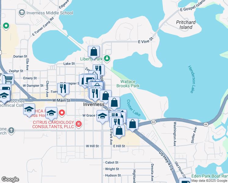 map of restaurants, bars, coffee shops, grocery stores, and more near 123 Doctor Martin Luther King Junior Avenue in Inverness