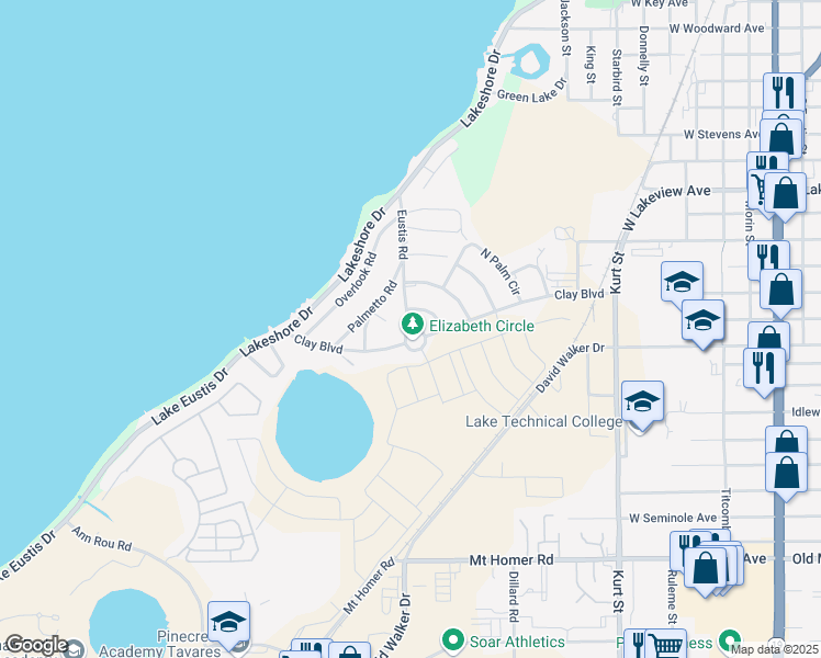 map of restaurants, bars, coffee shops, grocery stores, and more near 2658 Eustis Road in Eustis