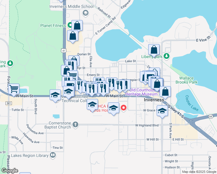 map of restaurants, bars, coffee shops, grocery stores, and more near 124 Cherry Avenue in Inverness