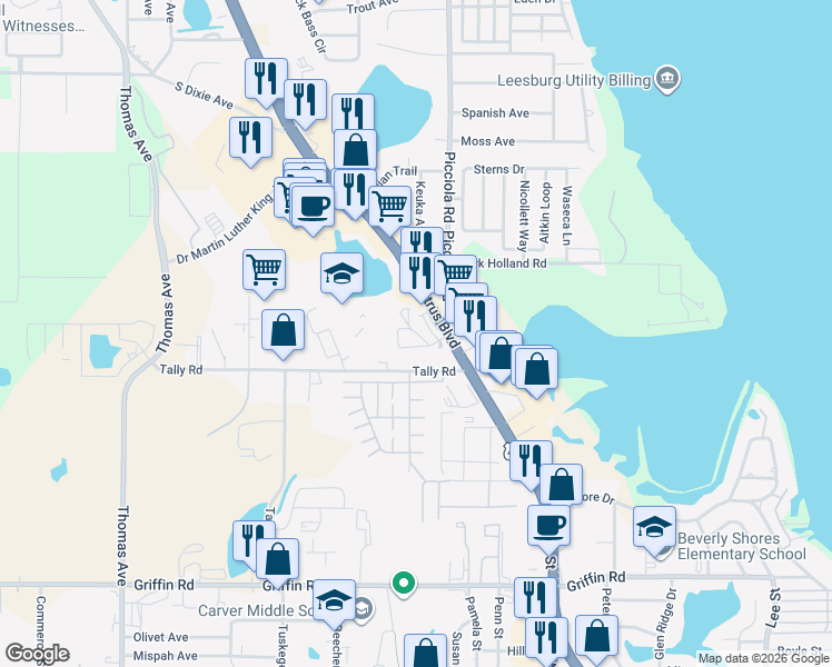 map of restaurants, bars, coffee shops, grocery stores, and more near 1911 Citrus Boulevard in Leesburg