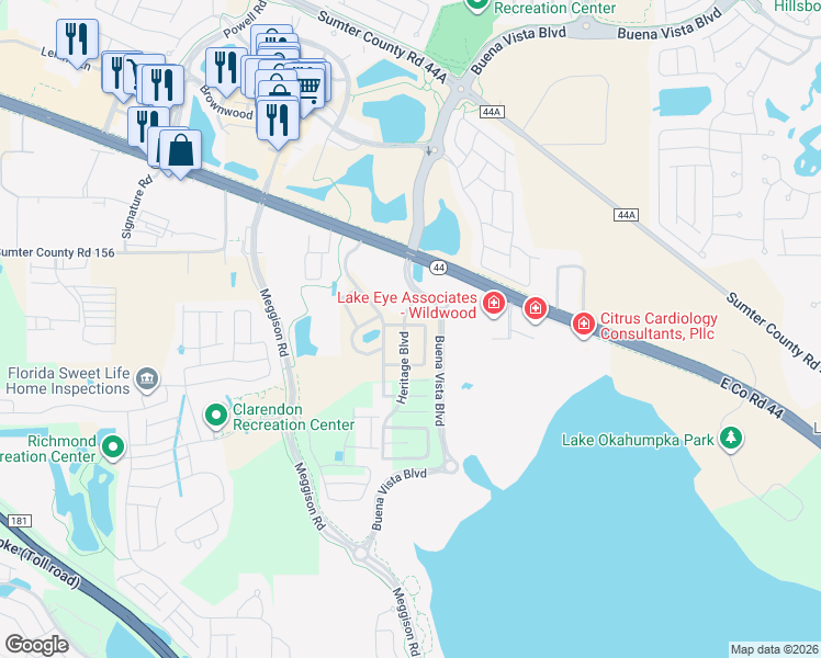 map of restaurants, bars, coffee shops, grocery stores, and more near 5193 Springfield Way in Wildwood