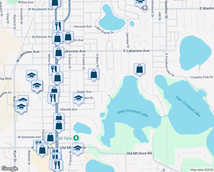 map of restaurants, bars, coffee shops, grocery stores, and more near 619 Briarcliff Avenue in Eustis