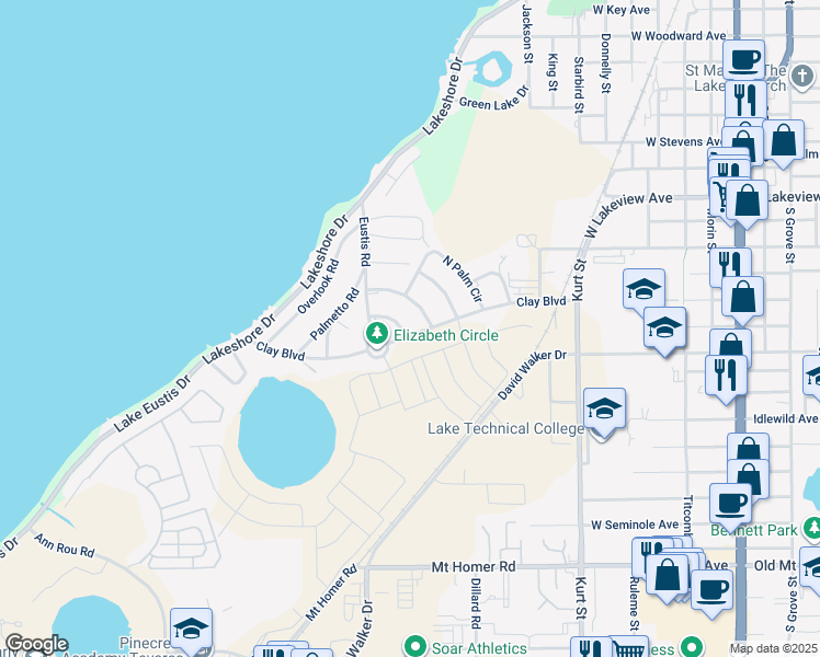 map of restaurants, bars, coffee shops, grocery stores, and more near 1211 North Crest Circle in Eustis