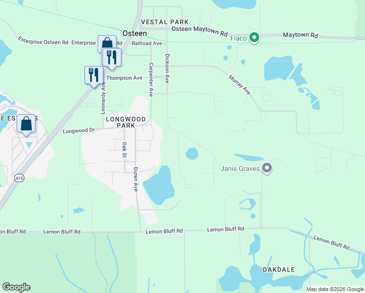 map of restaurants, bars, coffee shops, grocery stores, and more near 427 Pleasant Oaks Trail in Osteen