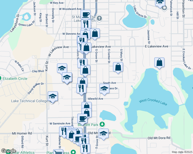 map of restaurants, bars, coffee shops, grocery stores, and more near 1628 South Grove Street in Eustis
