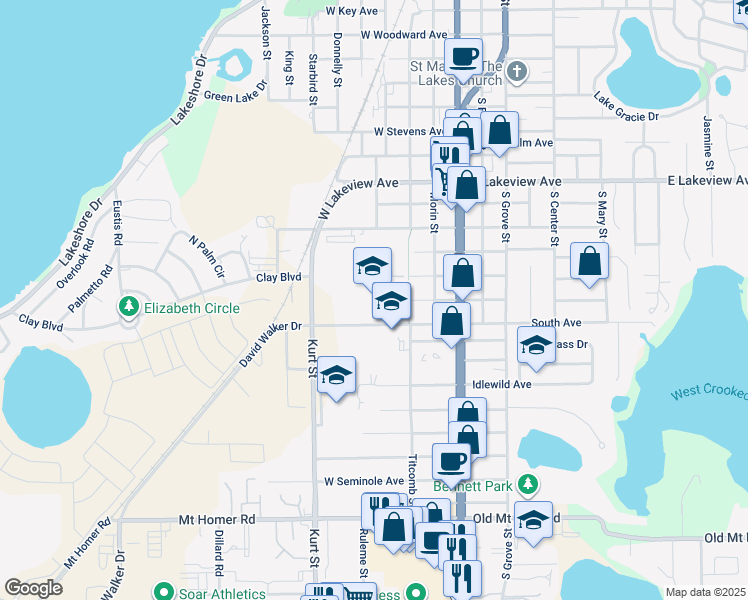 map of restaurants, bars, coffee shops, grocery stores, and more near 310 West Taylor Avenue in Eustis