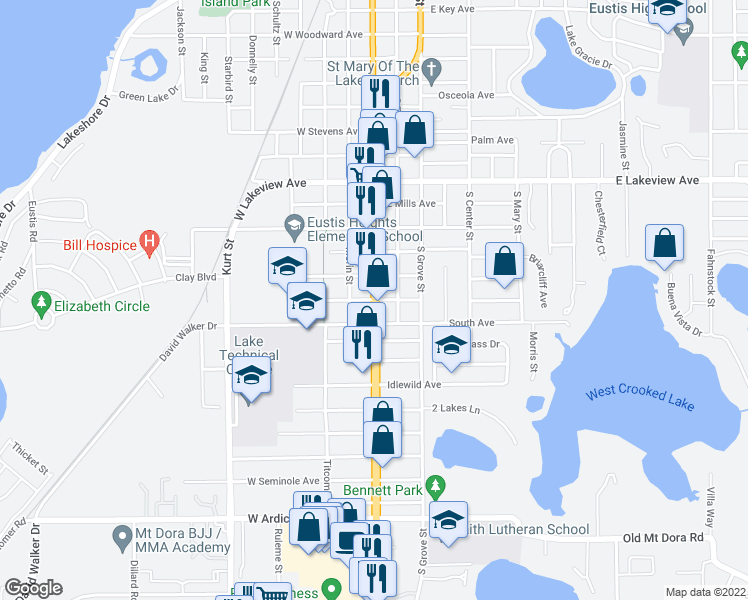 map of restaurants, bars, coffee shops, grocery stores, and more near 1672 South Bay Street in Eustis