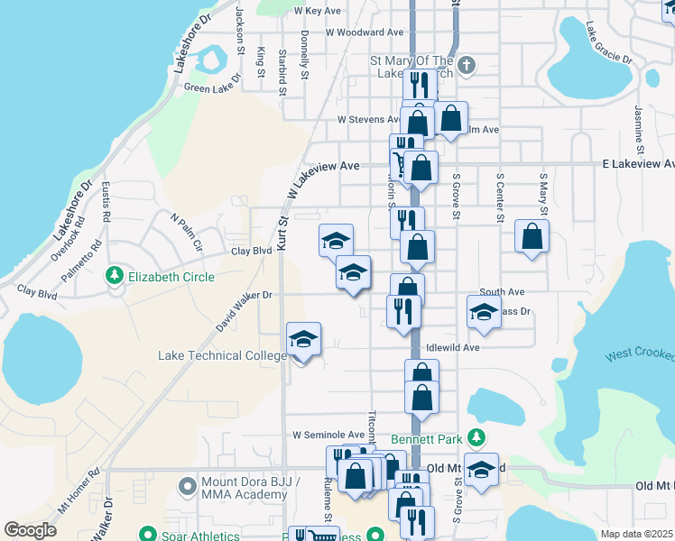 map of restaurants, bars, coffee shops, grocery stores, and more near 310 West Taylor Avenue in Eustis
