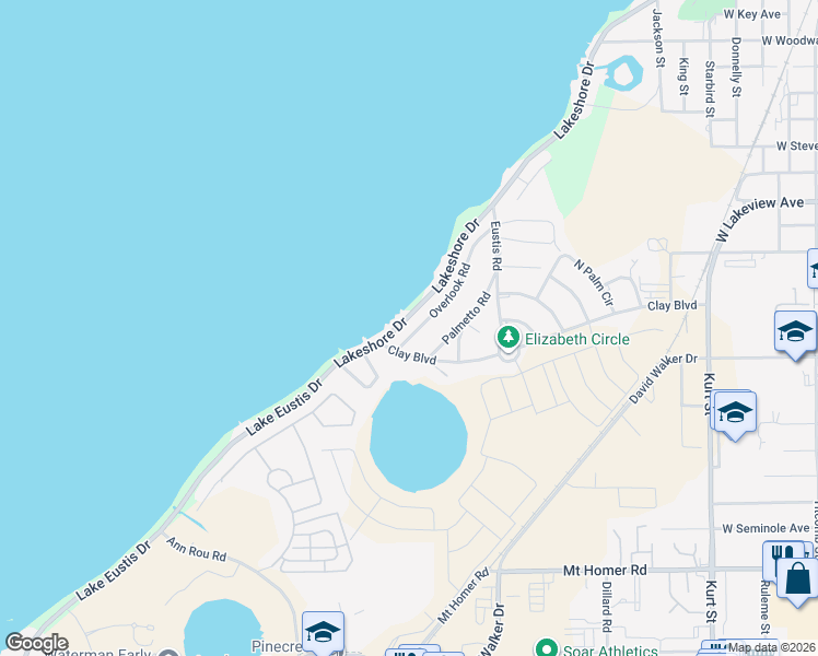 map of restaurants, bars, coffee shops, grocery stores, and more near 1637 Lakeshore Drive in Eustis