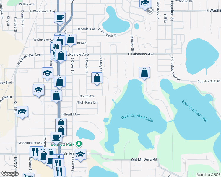 map of restaurants, bars, coffee shops, grocery stores, and more near 619 Briarcliff Avenue in Eustis