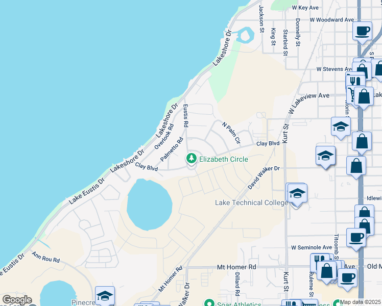 map of restaurants, bars, coffee shops, grocery stores, and more near 2250 North Crest Circle in Eustis