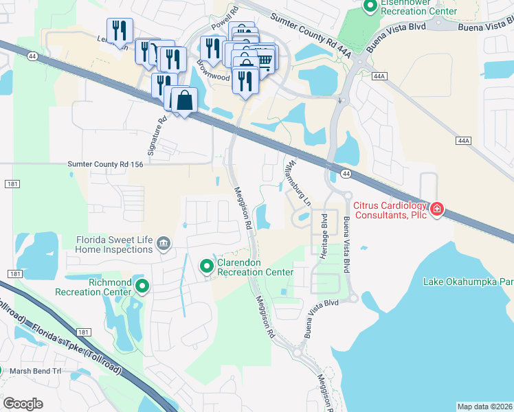 map of restaurants, bars, coffee shops, grocery stores, and more near 5651 Northeast 48th Drive in Wildwood