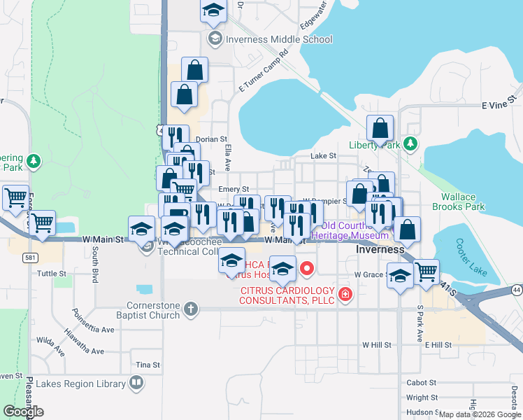 map of restaurants, bars, coffee shops, grocery stores, and more near 124 Cherry Avenue in Inverness