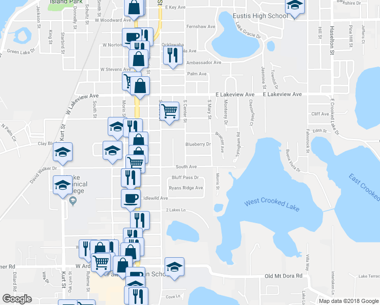 map of restaurants, bars, coffee shops, grocery stores, and more near 403 Firewood Avenue in Eustis
