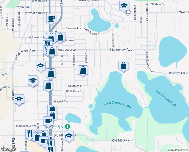 map of restaurants, bars, coffee shops, grocery stores, and more near 619 Briarcliff Avenue in Eustis