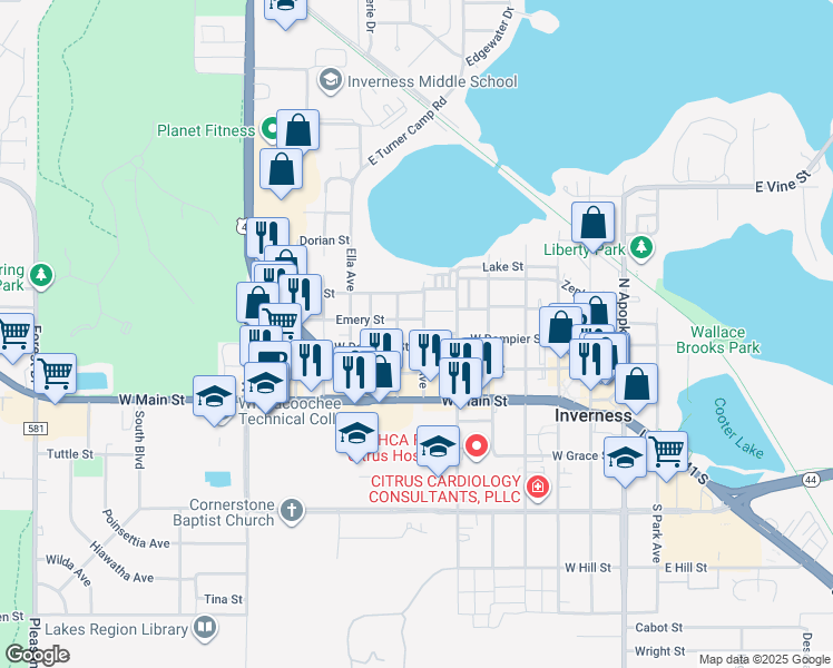 map of restaurants, bars, coffee shops, grocery stores, and more near 124 Cherry Avenue in Inverness