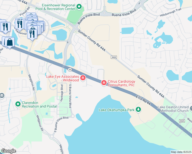 map of restaurants, bars, coffee shops, grocery stores, and more near 5638 County Road 173 in Wildwood