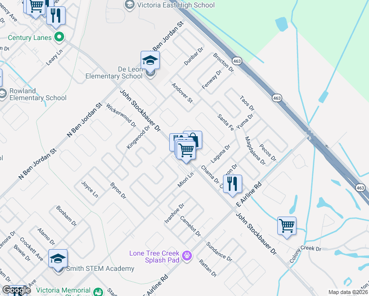 map of restaurants, bars, coffee shops, grocery stores, and more near 406 Navajo Drive in Victoria