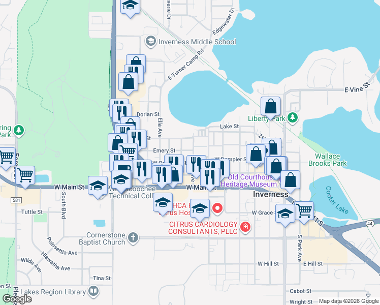 map of restaurants, bars, coffee shops, grocery stores, and more near 223 Cherry Avenue in Inverness