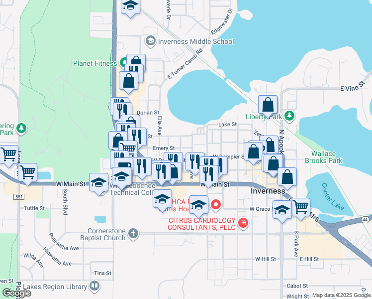 map of restaurants, bars, coffee shops, grocery stores, and more near 707 Emery Street in Inverness