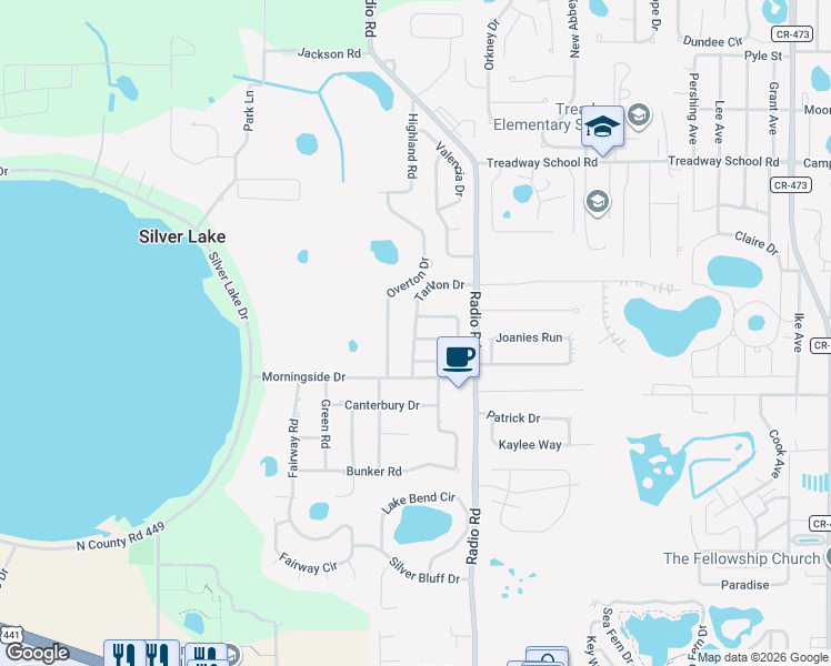 map of restaurants, bars, coffee shops, grocery stores, and more near 33605 Tarlton Drive in Leesburg