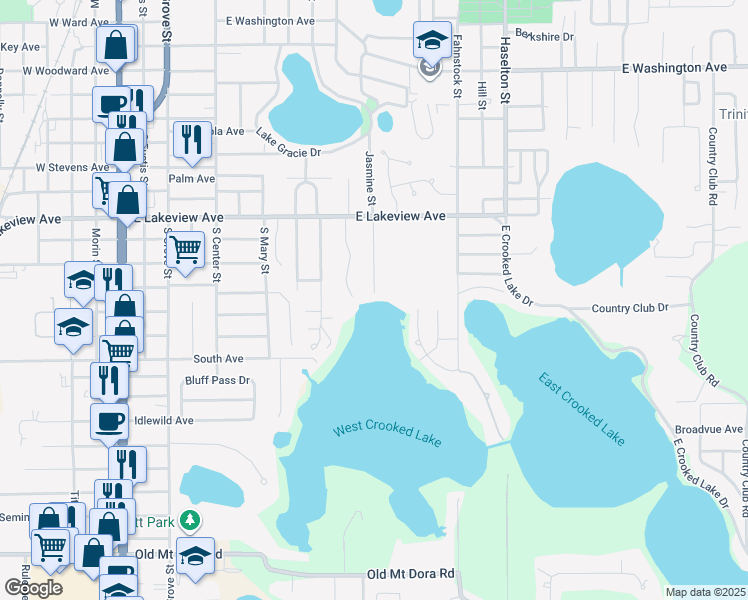 map of restaurants, bars, coffee shops, grocery stores, and more near 1220 West Crooked Lake Place in Eustis
