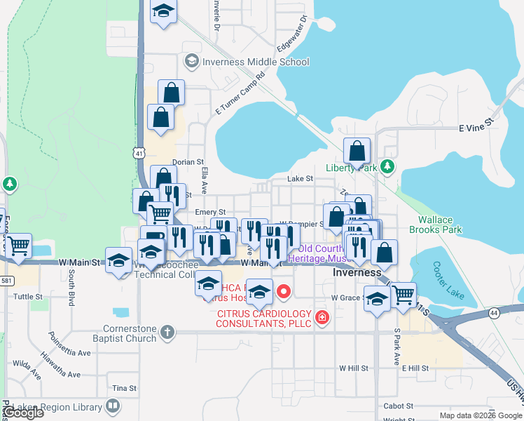 map of restaurants, bars, coffee shops, grocery stores, and more near 210 North Line Avenue in Inverness