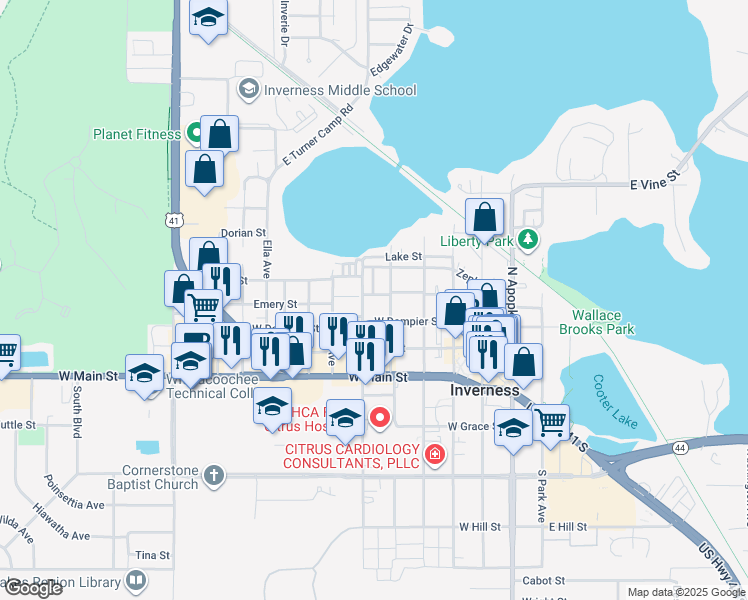 map of restaurants, bars, coffee shops, grocery stores, and more near 210 North Line Avenue in Inverness