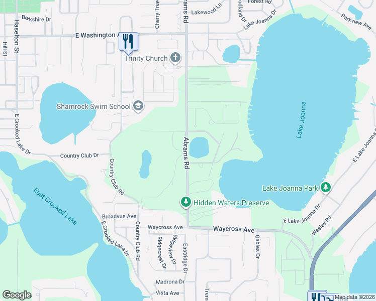 map of restaurants, bars, coffee shops, grocery stores, and more near 1625 Abrams Road in Eustis