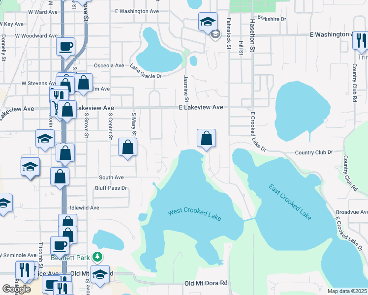 map of restaurants, bars, coffee shops, grocery stores, and more near 1220 West Crooked Lake Place in Eustis